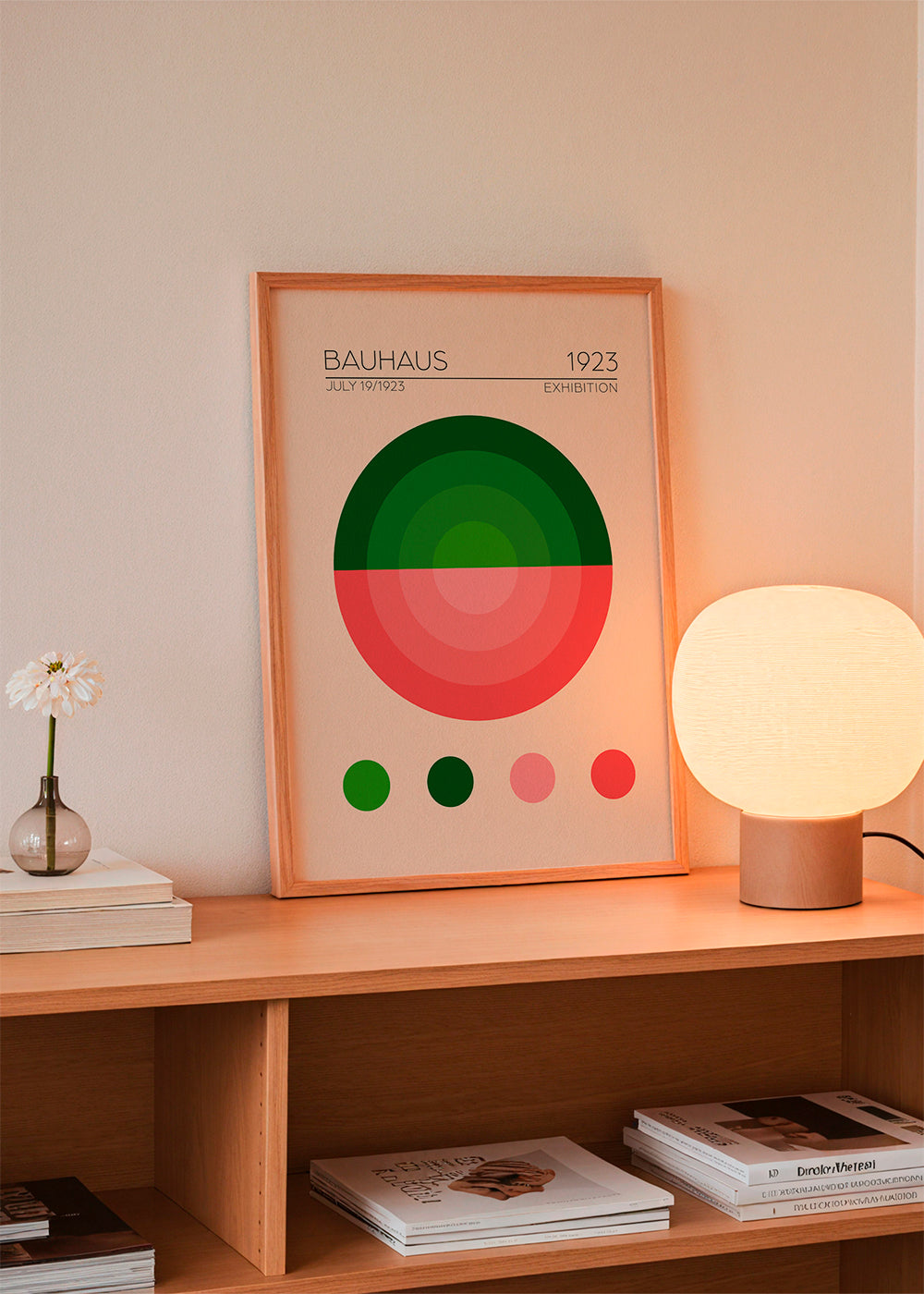 Geometrisk plakat Bauhaus grøn og rosa cirkel