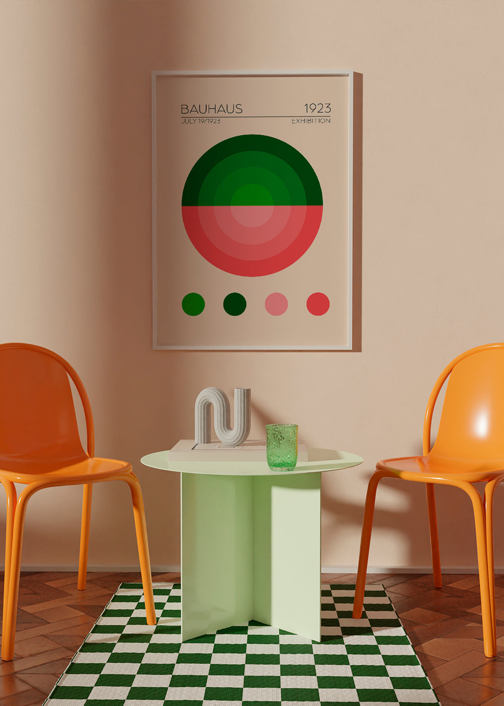 Geometrisk plakat Bauhaus grøn og rosa cirkel