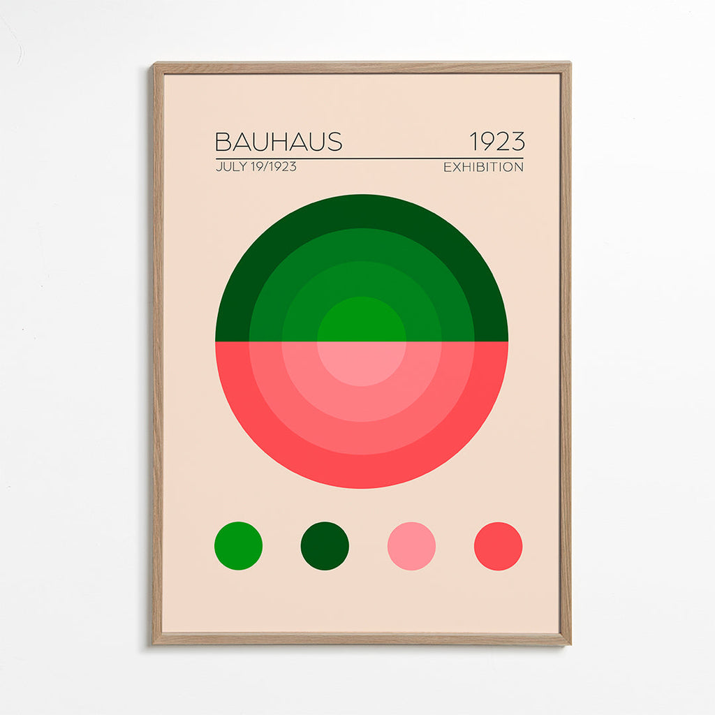 Geometrisk plakat Bauhaus grøn og rosa cirkel