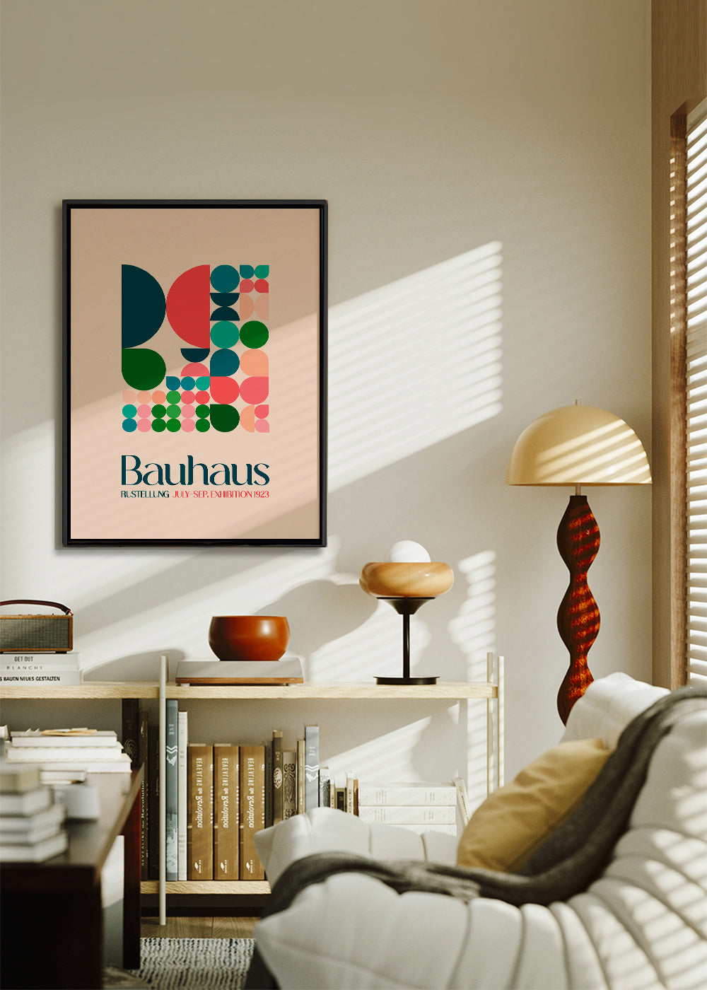 Geometrisk Bauhaus-plakat med blokke og typografi