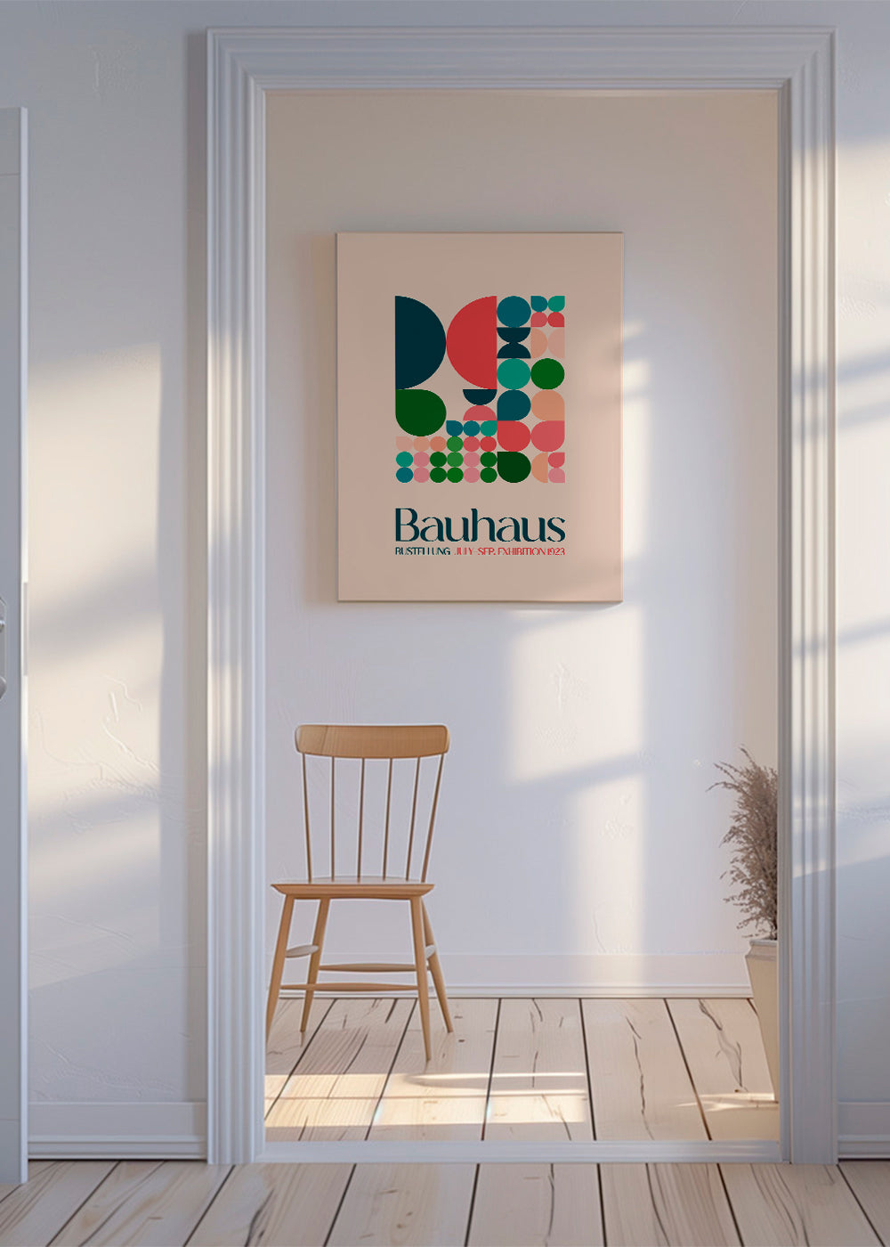 Geometrisk Bauhaus-plakat med blokke og typografi