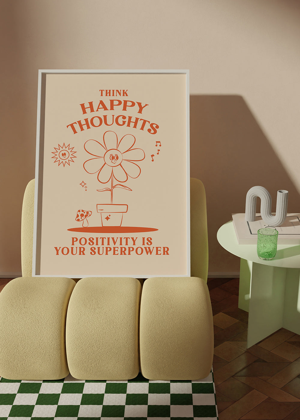 Illustration med positiv besked og smilende blomst