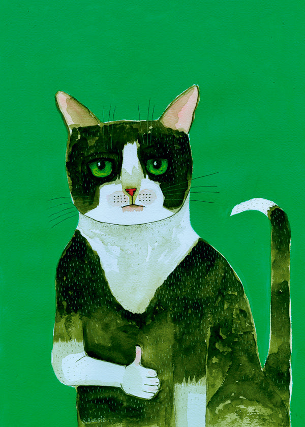 Tuxedo kat kunst med tommelfinger op