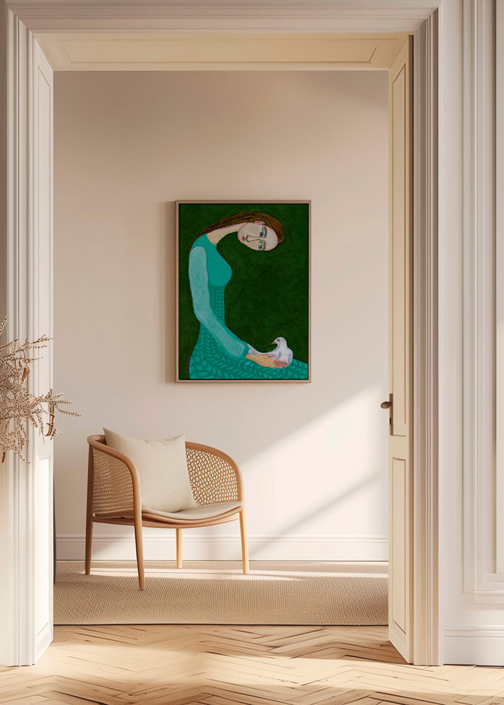 Kvindeillustration med due på grøn baggrund