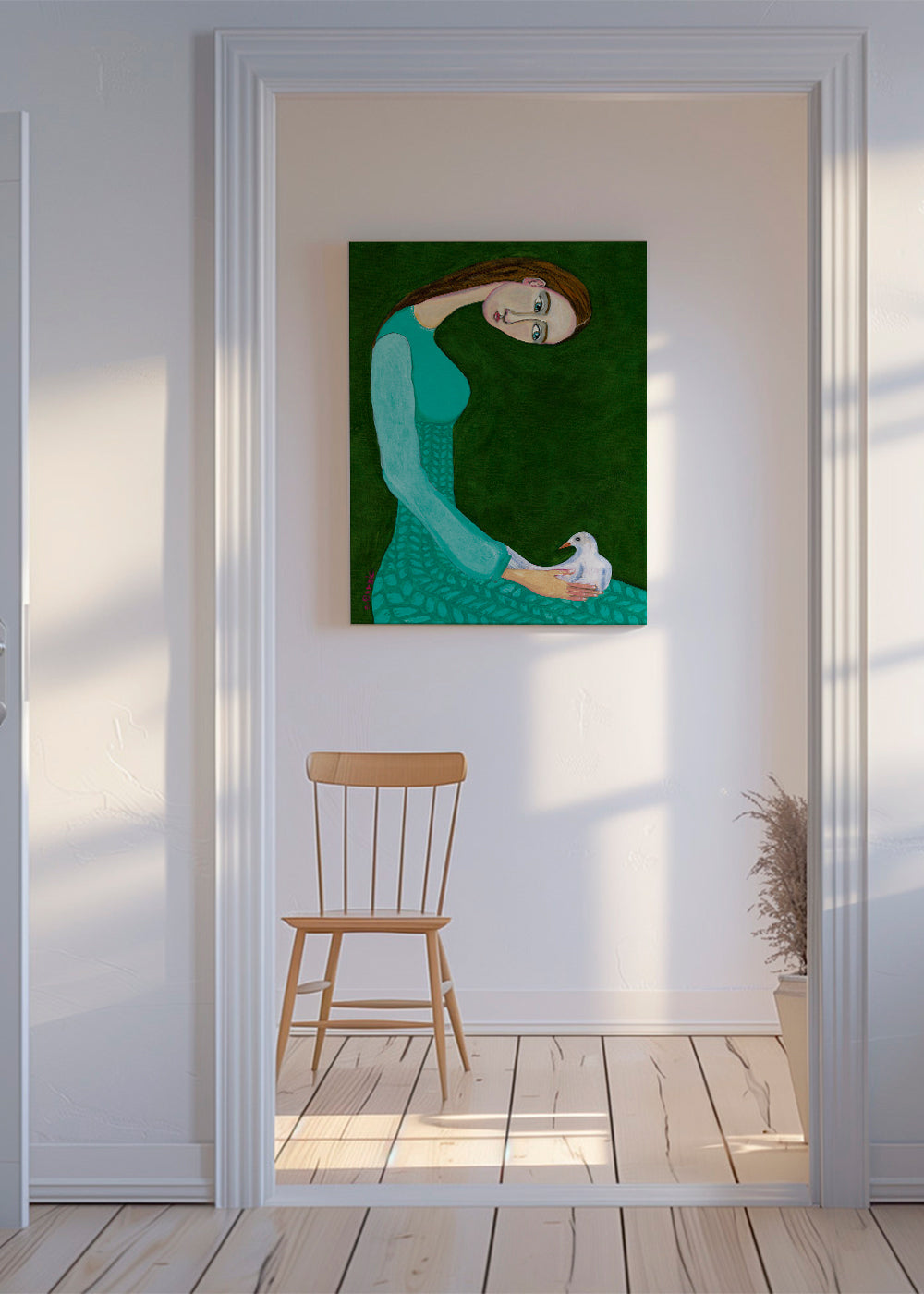 Kvindeillustration med due på grøn baggrund