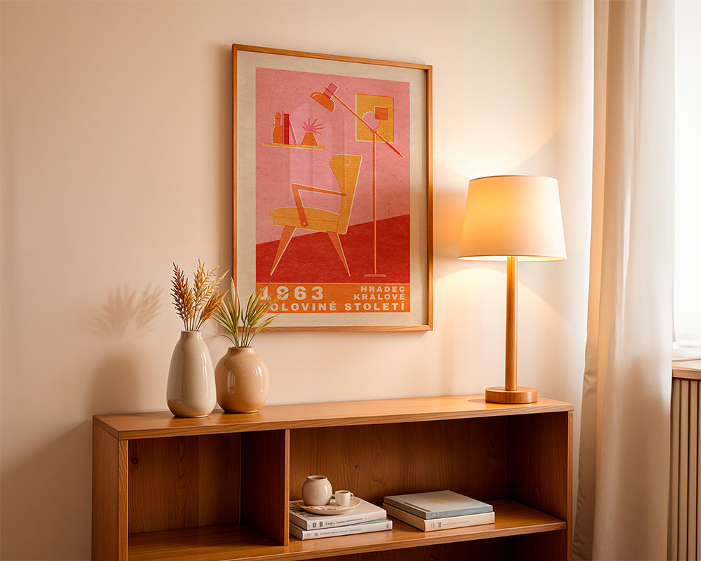 Vintage plakat: lænestol og lampe 1963