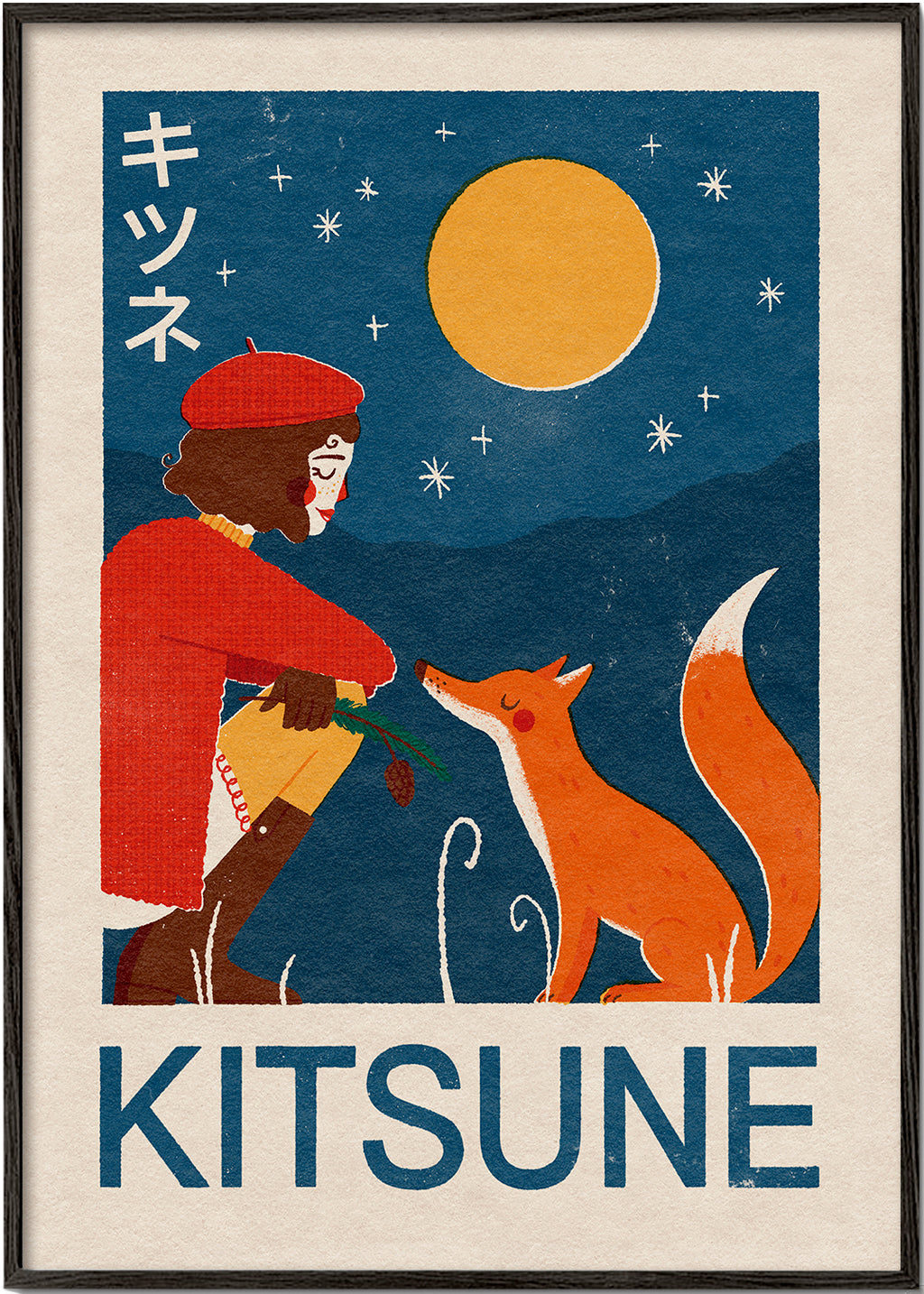 Kitsune ræv under månen - illustration