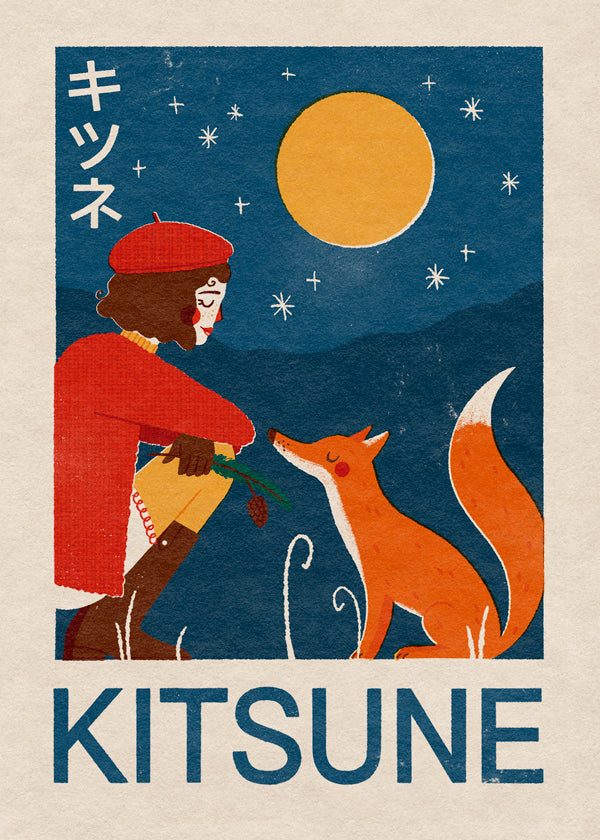 Kitsune ræv under månen - illustration