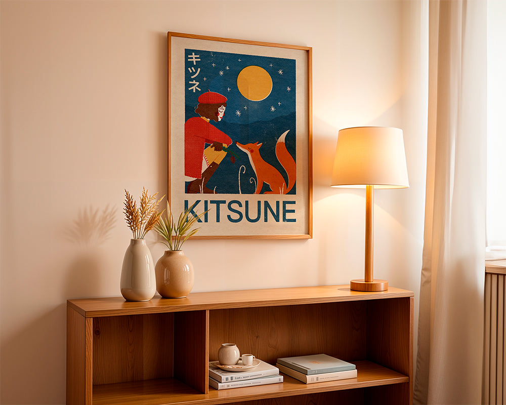 Kitsune ræv under månen - illustration