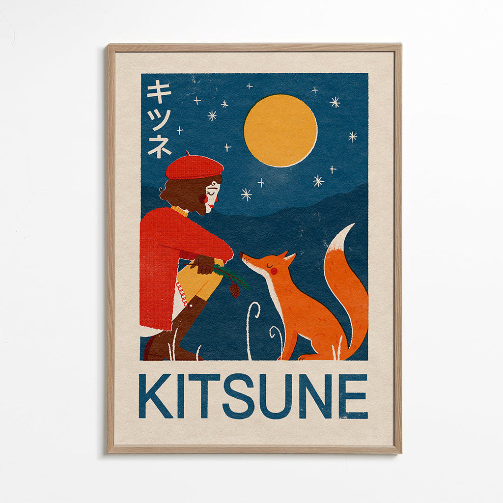 Kitsune ræv under månen - illustration