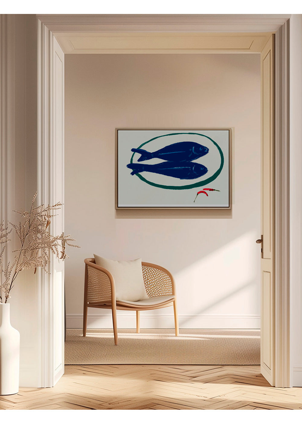 Køkkenkunst med blå fisk og chili