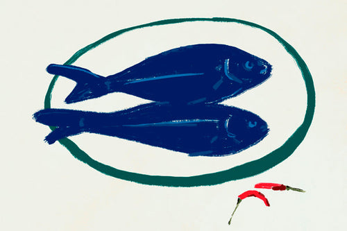 Køkkenkunst med blå fisk og chili
