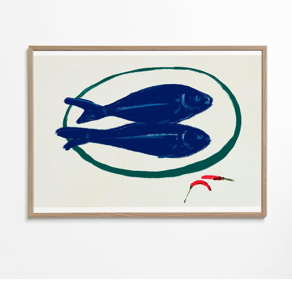Køkkenkunst med blå fisk og chili