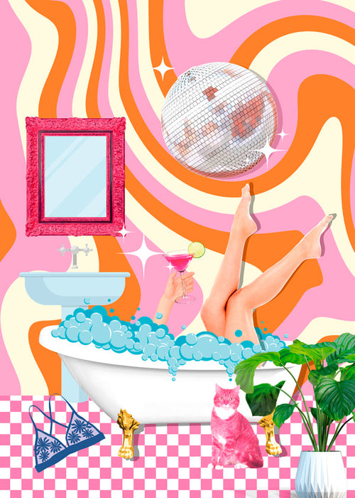 Pop-illustration med badekar og diskokugle