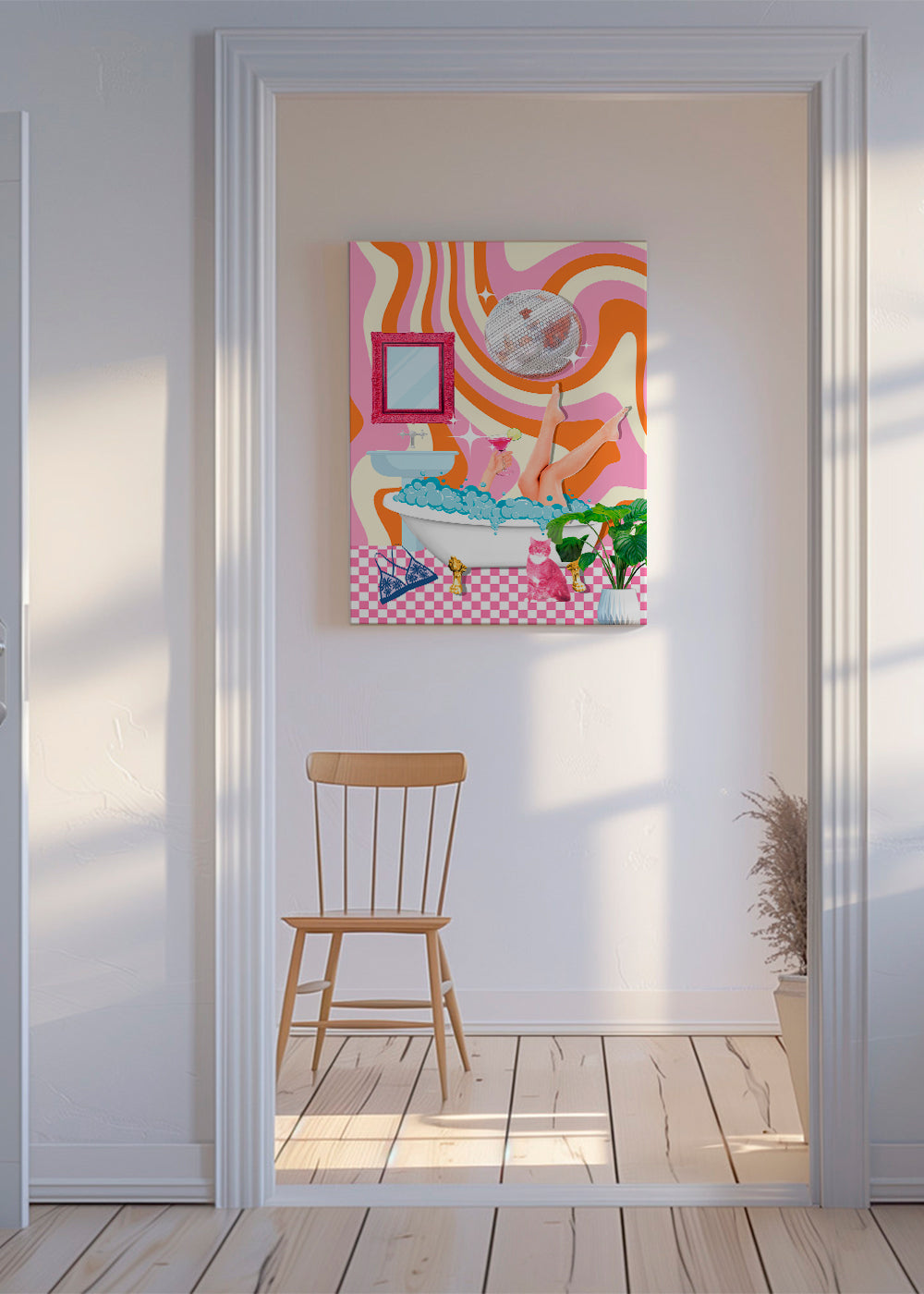 Pop-illustration med badekar og diskokugle