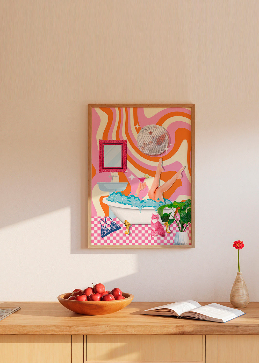 Pop-illustration med badekar og diskokugle