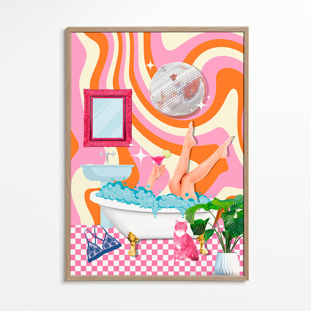 Pop-illustration med badekar og diskokugle