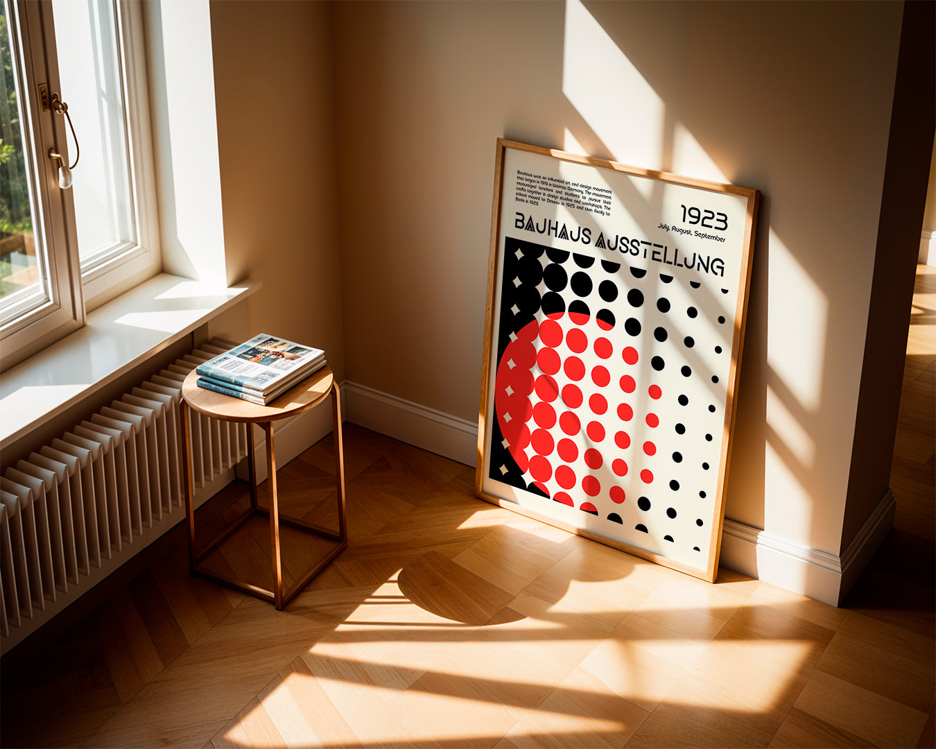 Geometrisk Bauhaus-plakat med røde halvkredse
