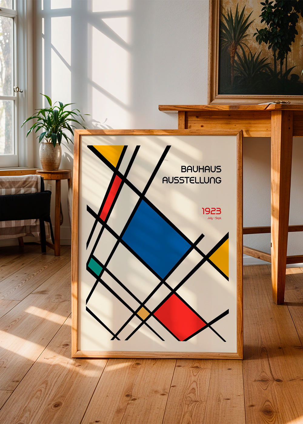 Geometrisk plakat Bauhaus 1923 med primærfarver