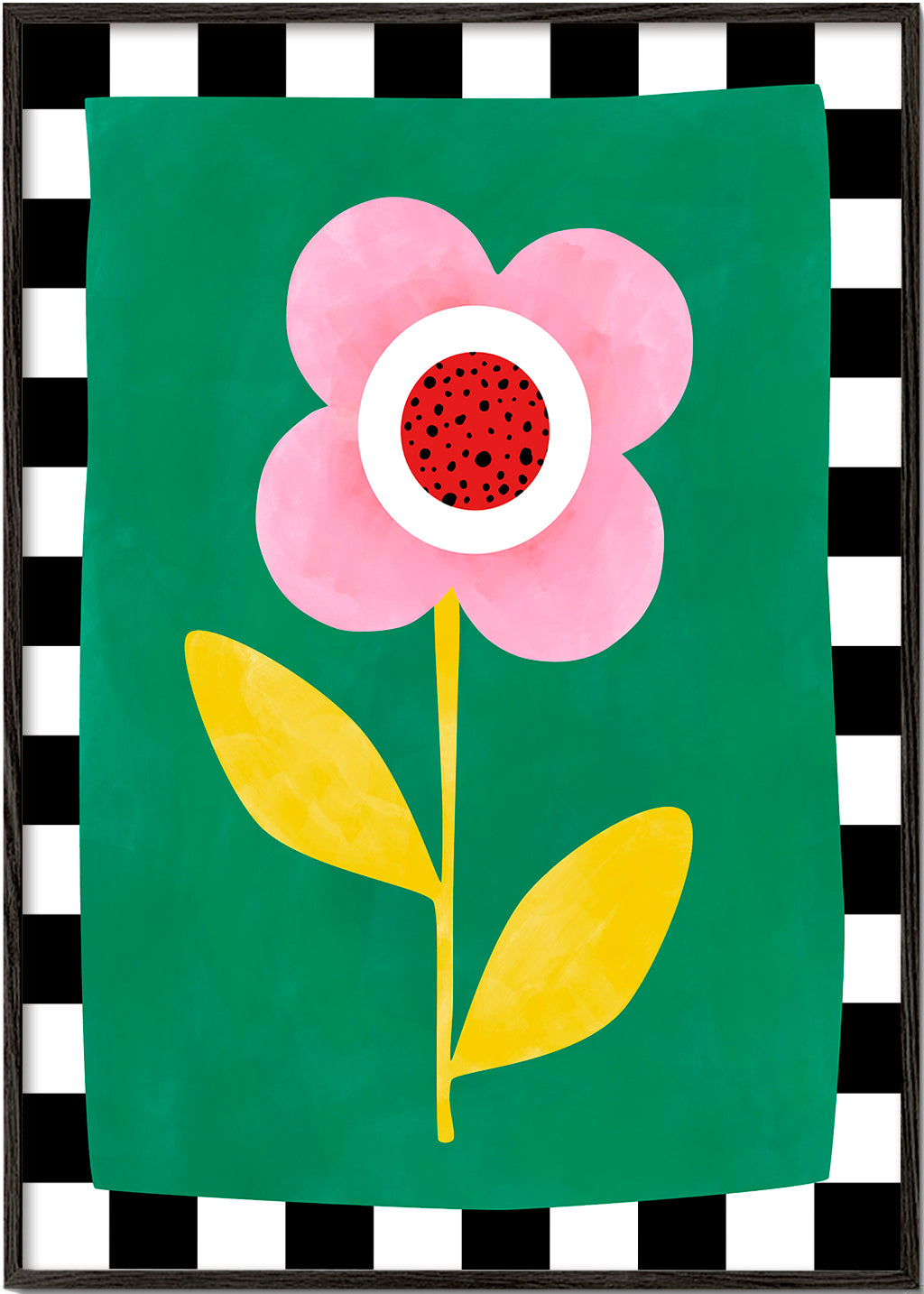 Botanisk plakat: rosa blomst på grøn baggrund