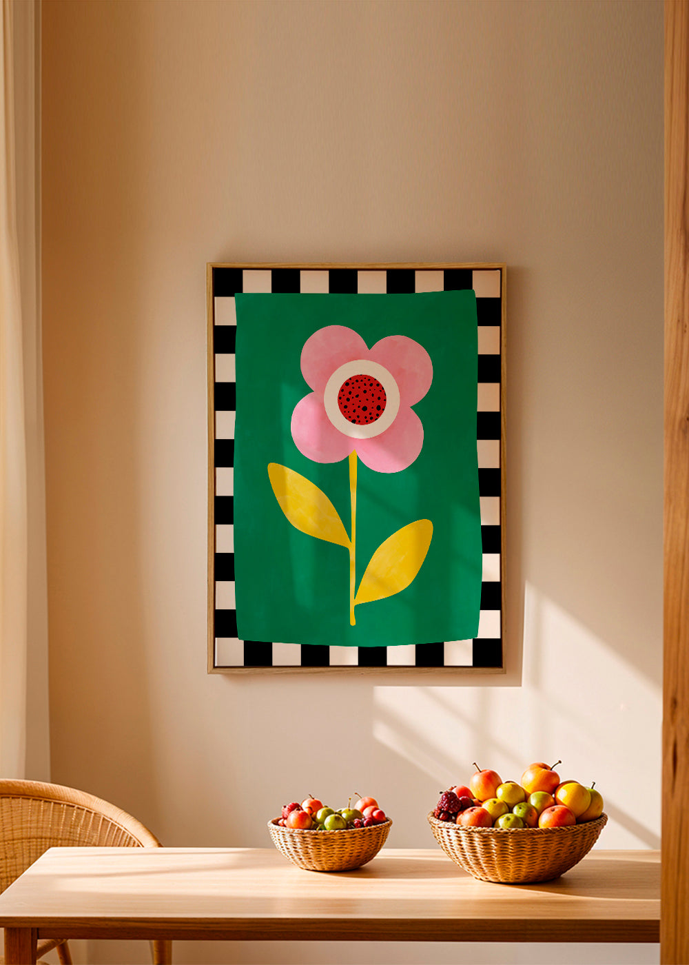 Botanisk plakat: rosa blomst på grøn baggrund