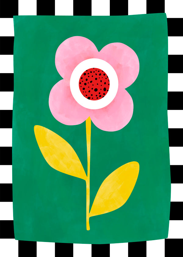 Botanisk plakat: rosa blomst på grøn baggrund