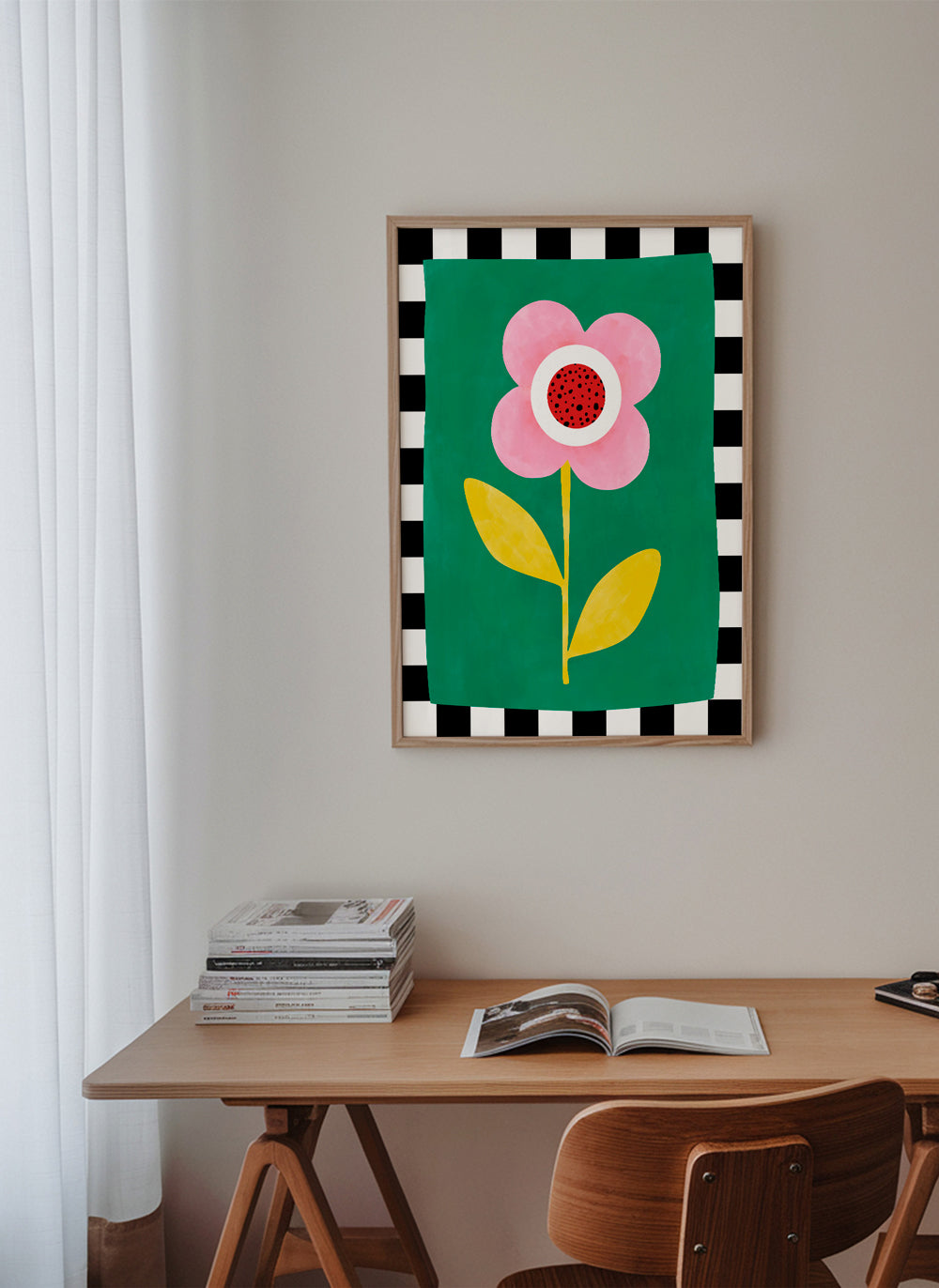Botanisk plakat: rosa blomst på grøn baggrund