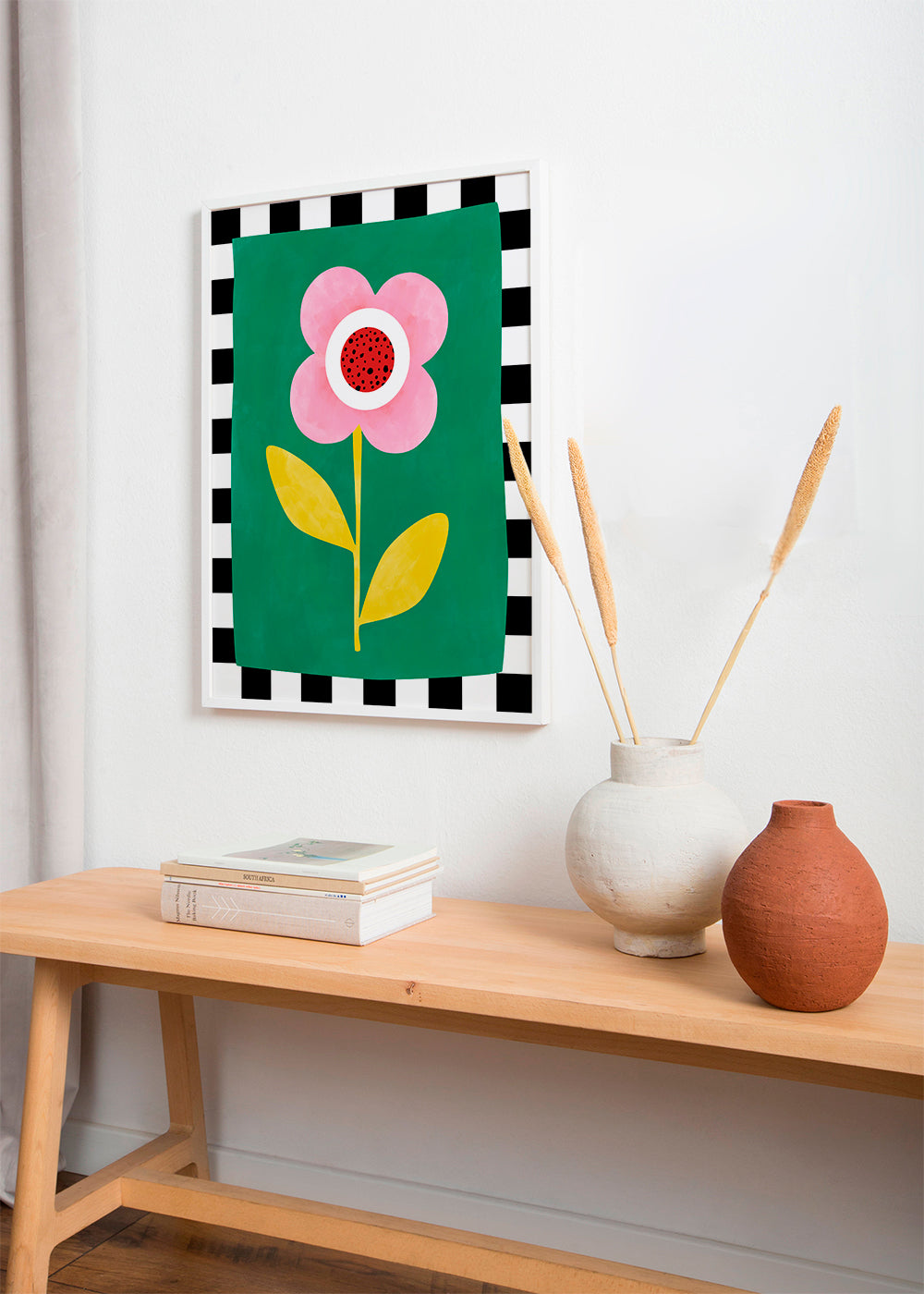 Botanisk plakat: rosa blomst på grøn baggrund