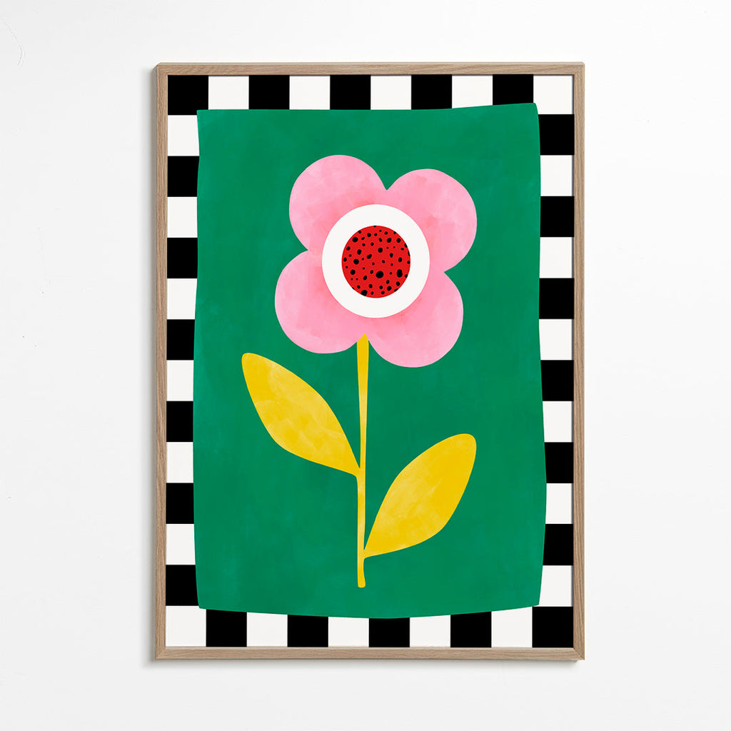 Botanisk plakat: rosa blomst på grøn baggrund