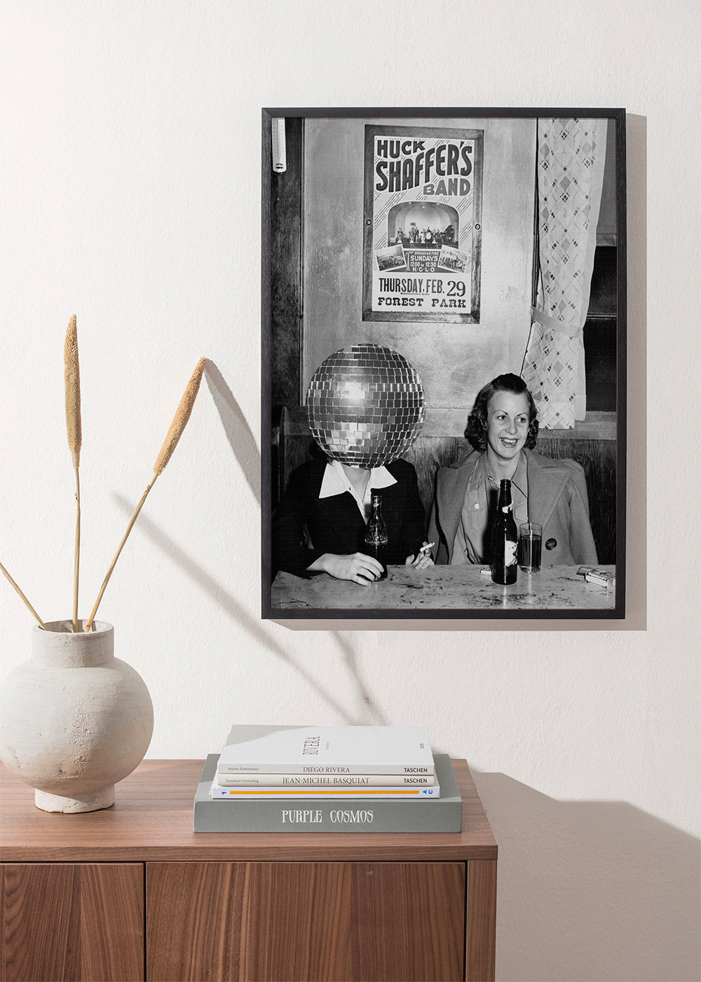Vintage-fotografi af par med diskokugle-hoved