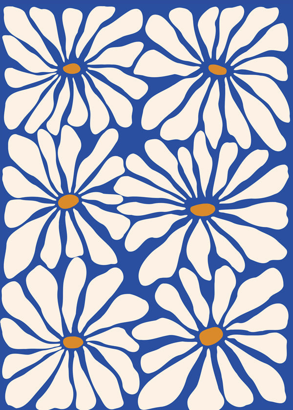 Botanisk plakat hvide margueritter på blå baggrund