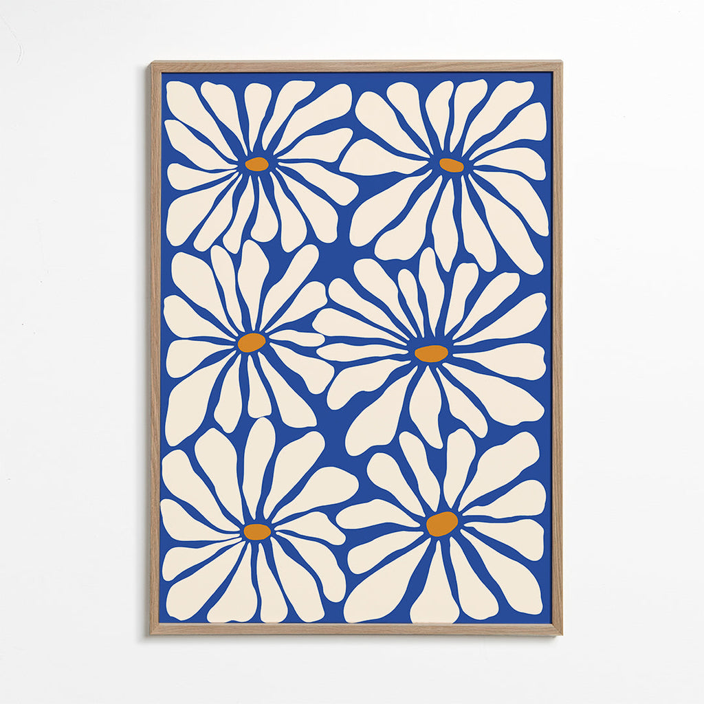 Botanisk plakat hvide margueritter på blå baggrund