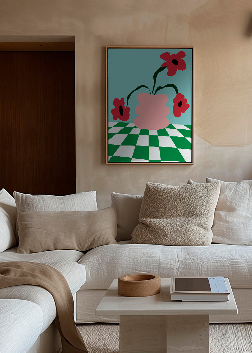 Botanisk plakat med blomster i lyserød vase