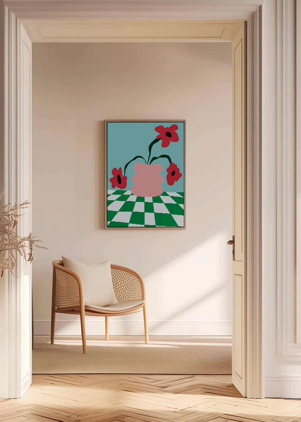 Botanisk plakat med blomster i lyserød vase
