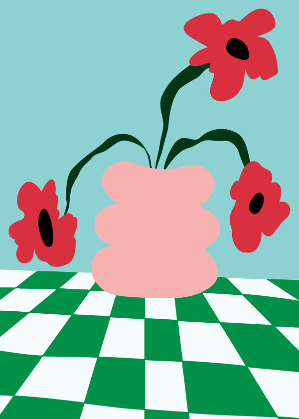 Botanisk plakat med blomster i lyserød vase