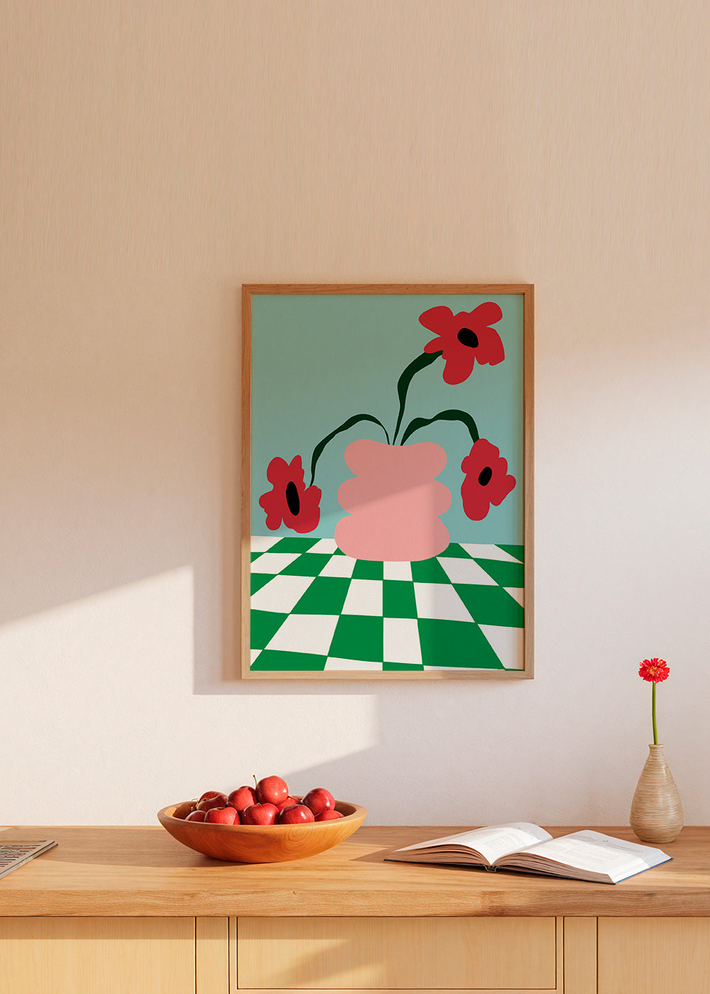 Botanisk plakat med blomster i lyserød vase