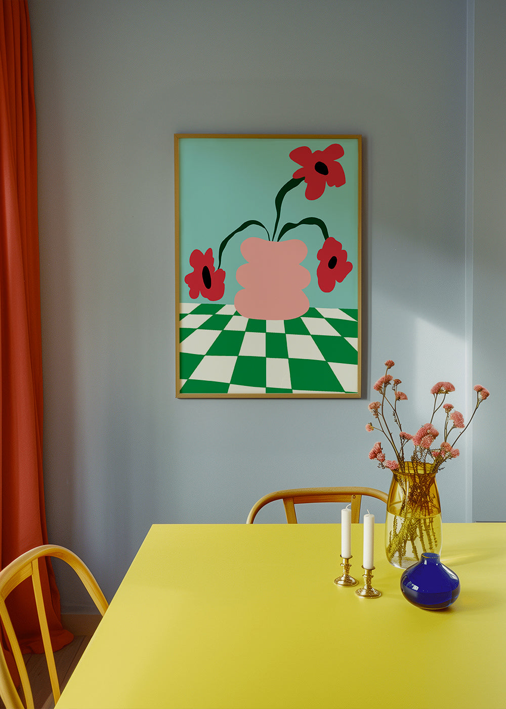 Botanisk plakat med blomster i lyserød vase