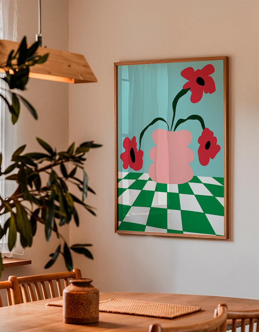 Botanisk plakat med blomster i lyserød vase