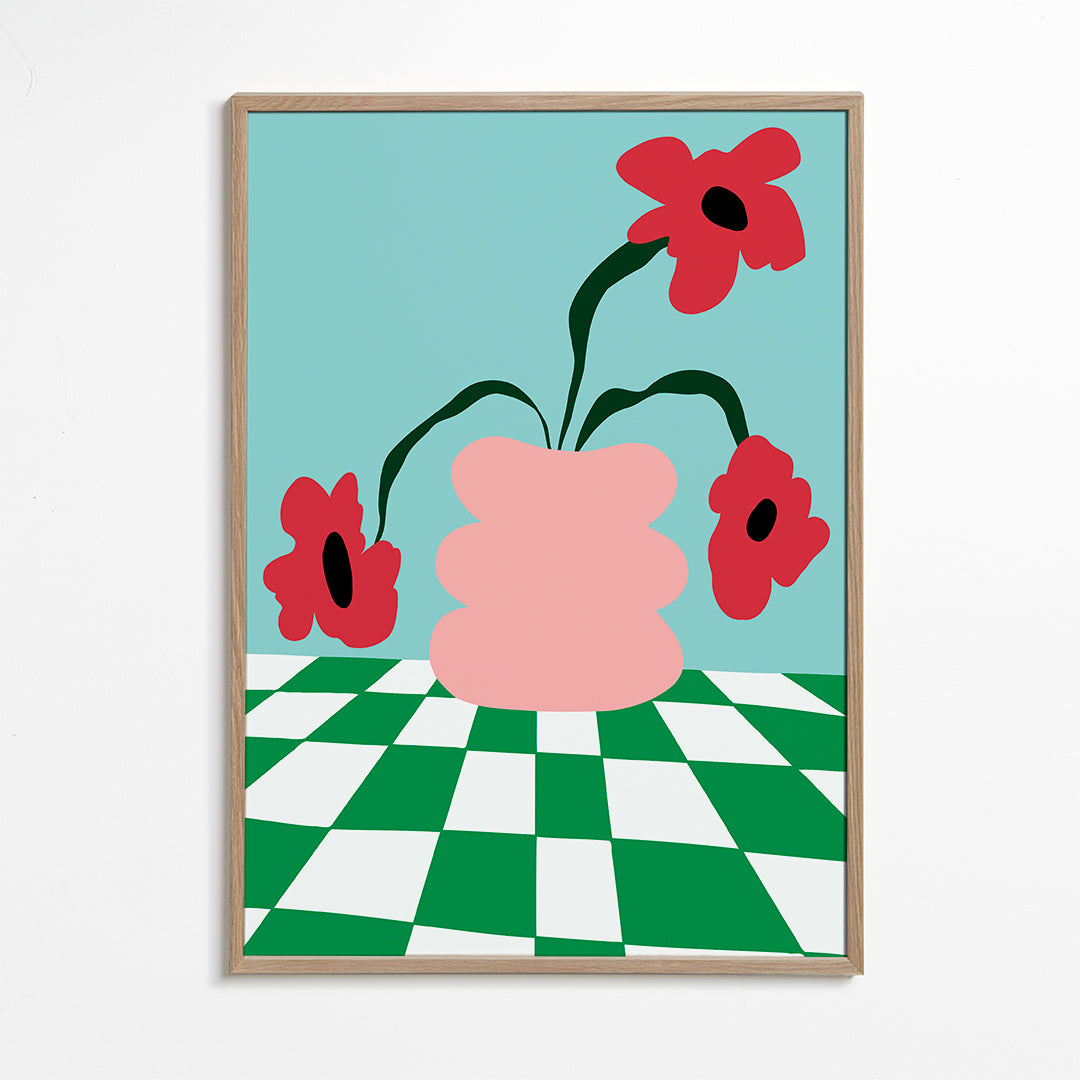 Botanisk plakat med blomster i lyserød vase