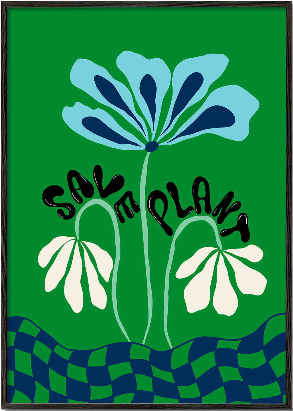 Botanisk plakat: blå grafisk blomst på grønt