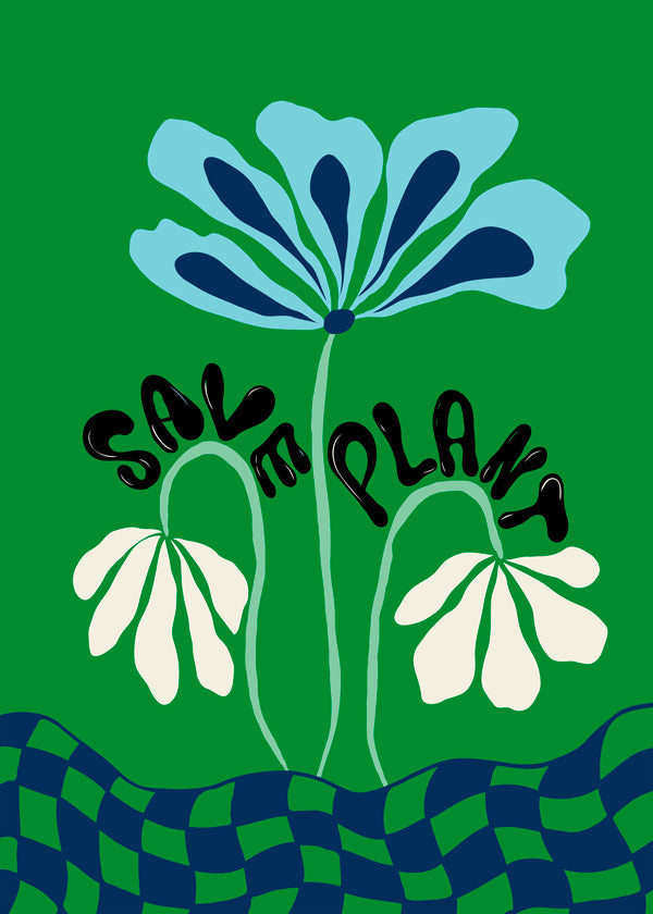 Botanisk plakat: blå grafisk blomst på grønt