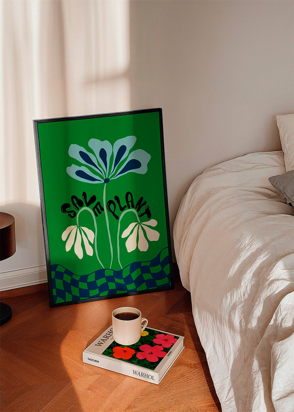 Botanisk plakat: blå grafisk blomst på grønt