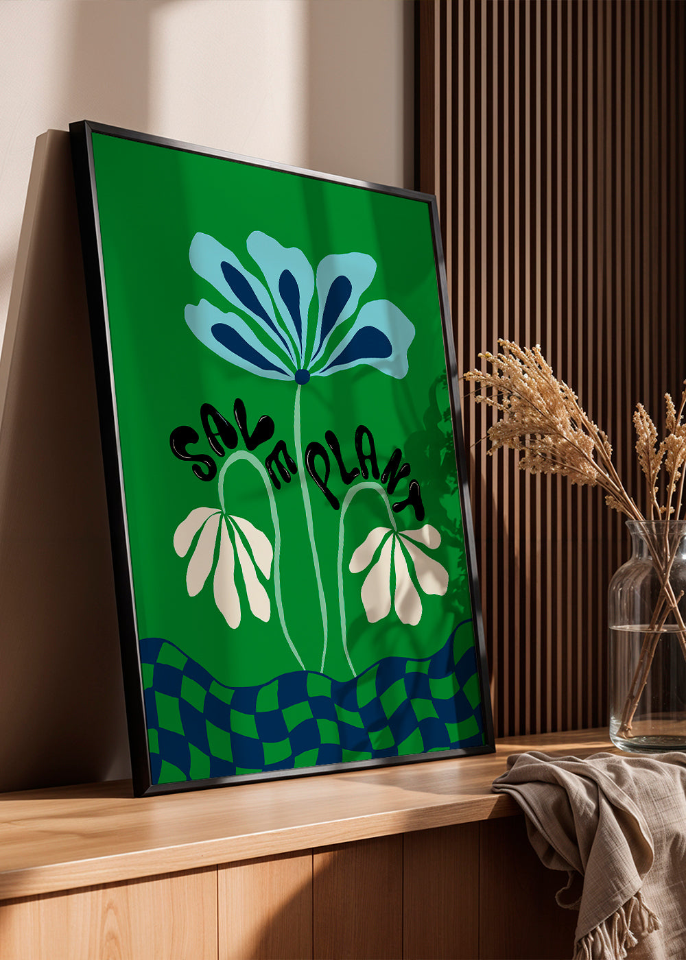 Botanisk plakat: blå grafisk blomst på grønt