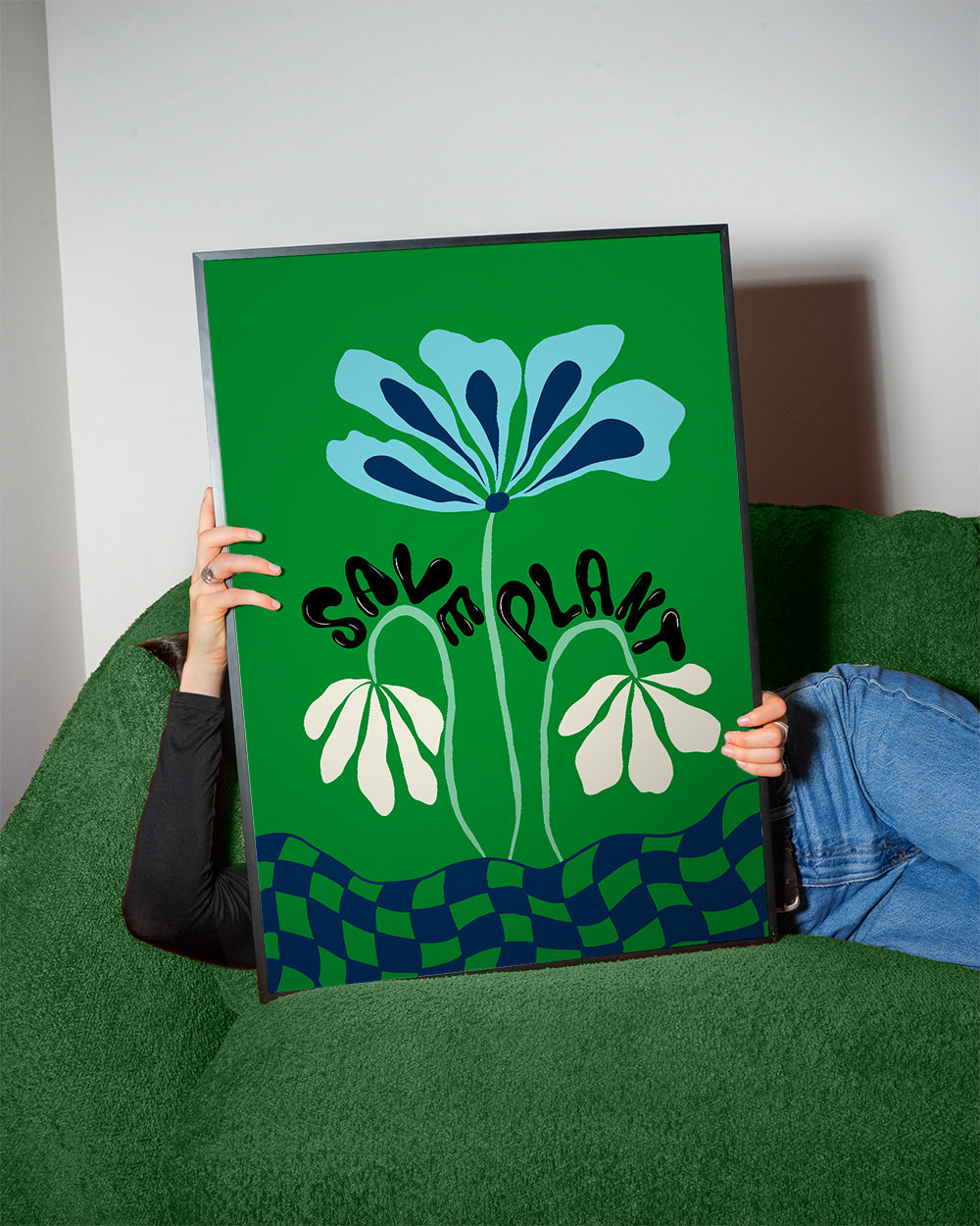 Botanisk plakat: blå grafisk blomst på grønt