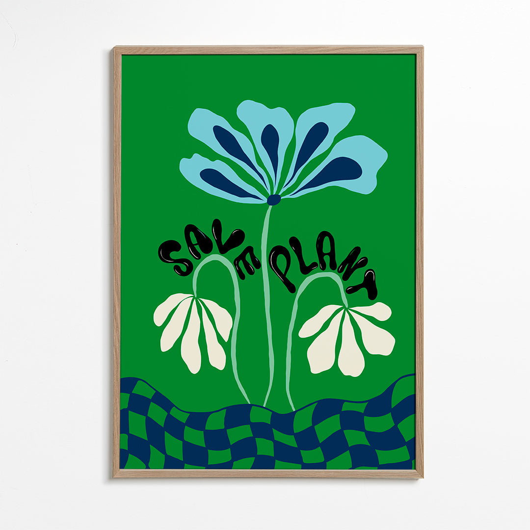 Botanisk plakat: blå grafisk blomst på grønt