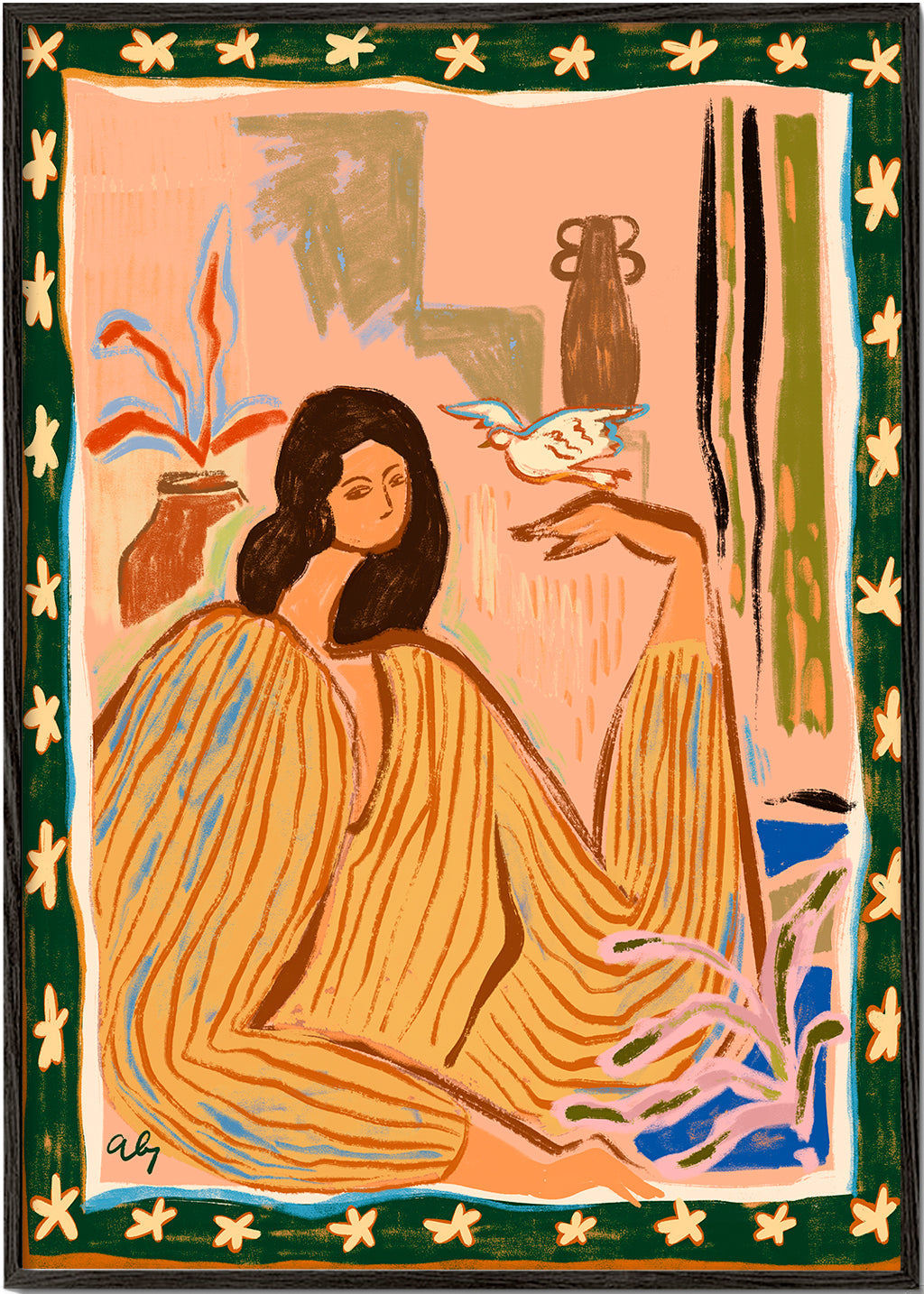 Illustration af kvinde med fugl og planter