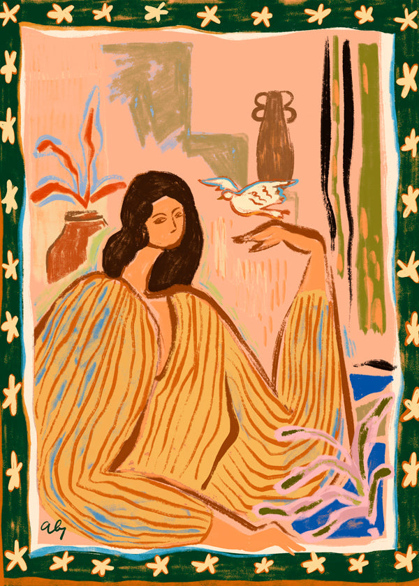 Illustration af kvinde med fugl og planter