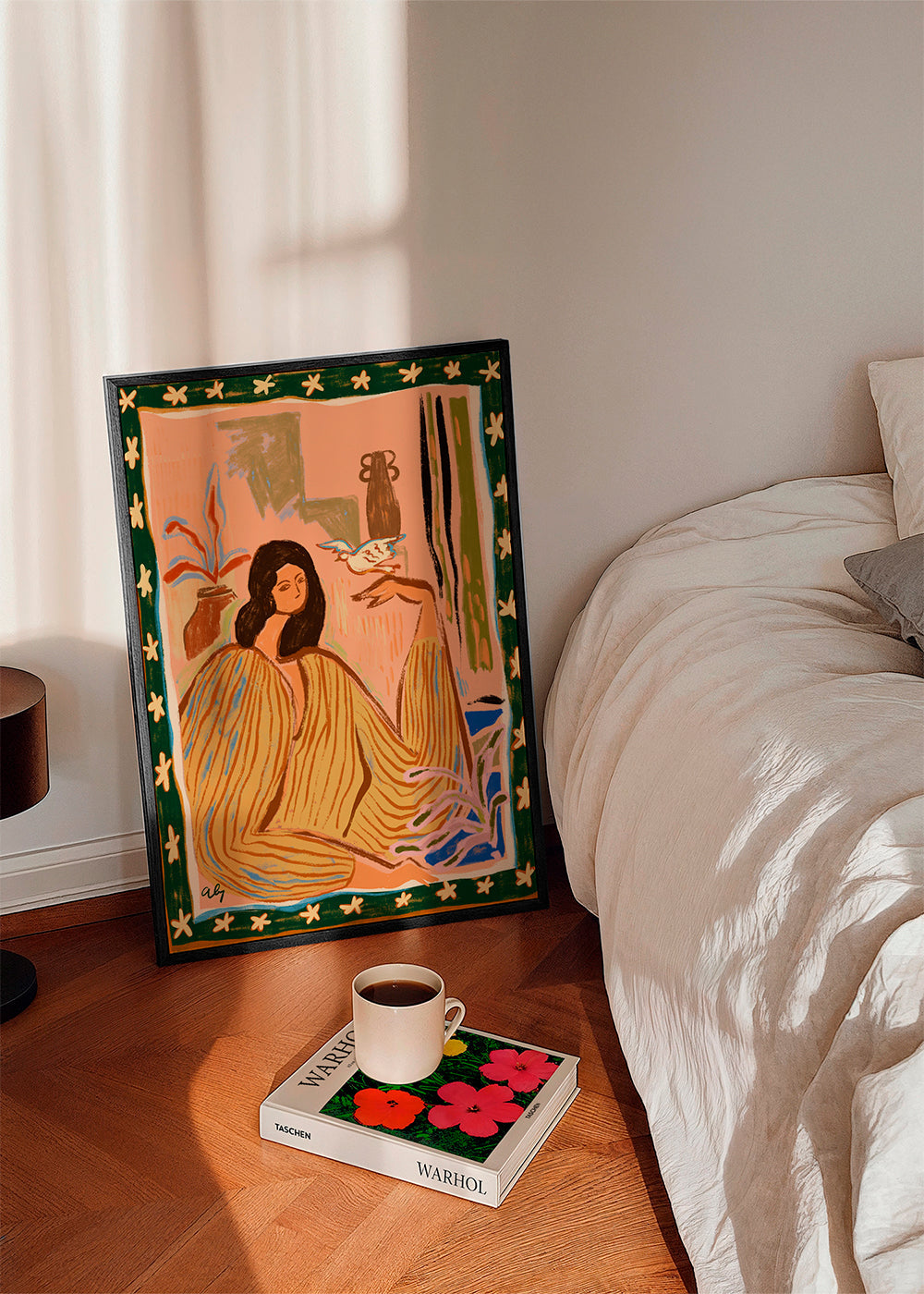 Illustration af kvinde med fugl og planter