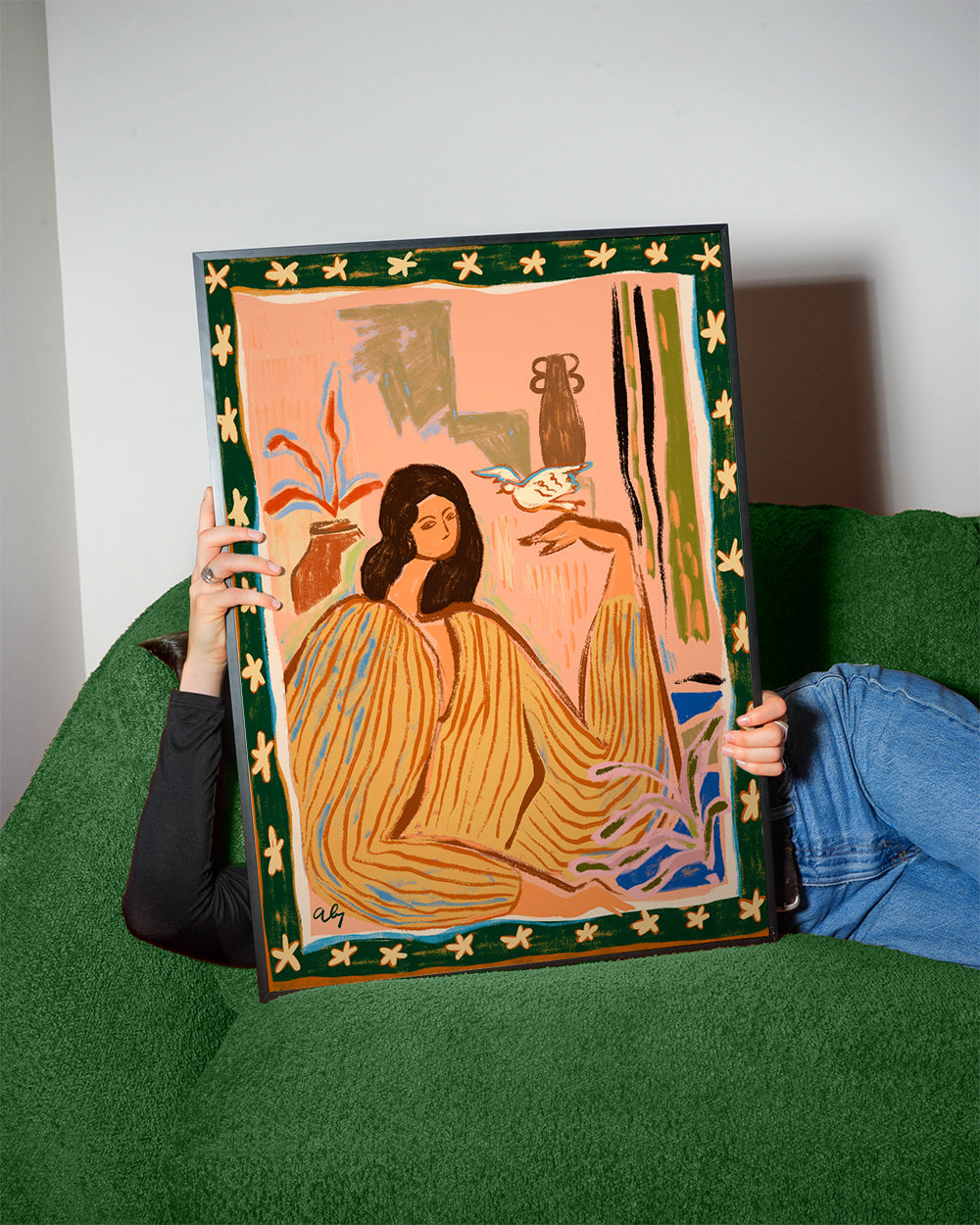 Illustration af kvinde med fugl og planter