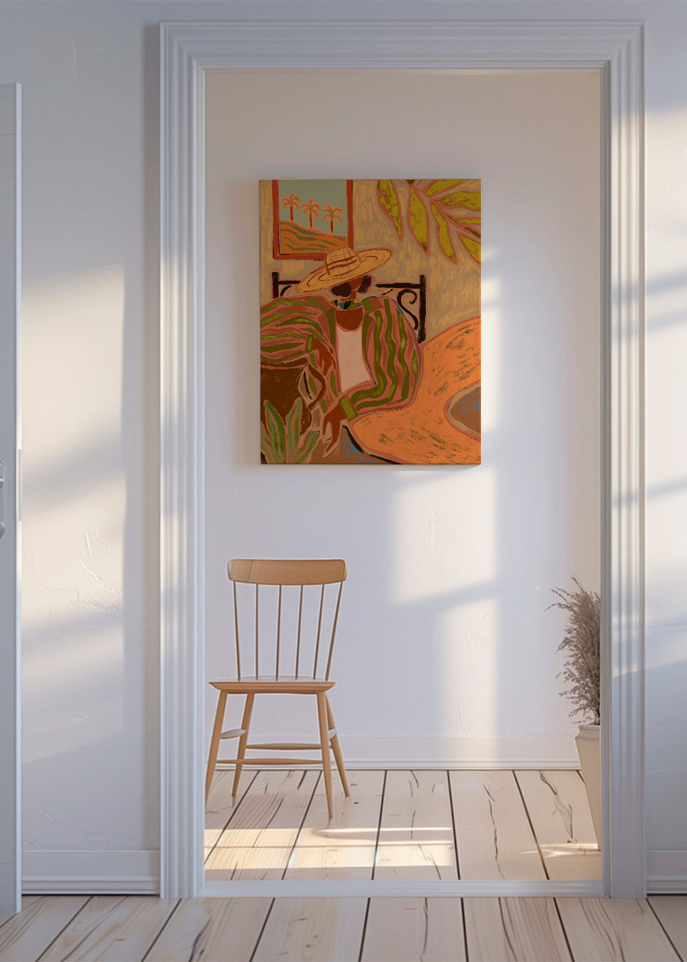 Botanisk plakat: kvinde med hat og blade